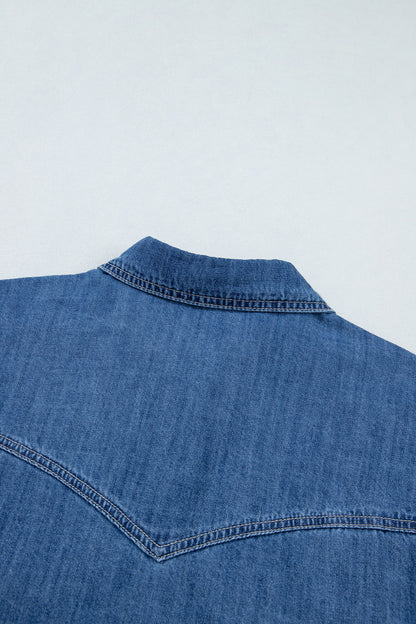 Sail Blue Western Patch Pockets Tunic Length Denim Shirt