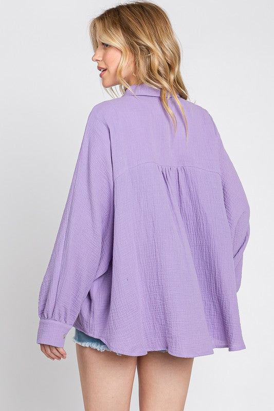 Boxy Oxford Button Down Long Sleeve Top