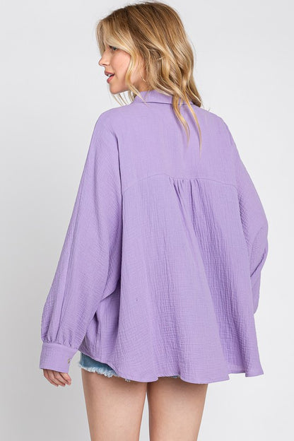 Boxy Oxford Button Down Long Sleeve Top