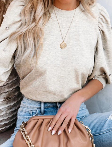 Light Grey Rhinestone Pearl Puff Half Sleeve Top