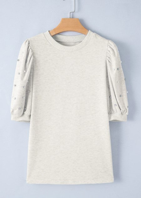 Light Grey Rhinestone Pearl Puff Half Sleeve Top