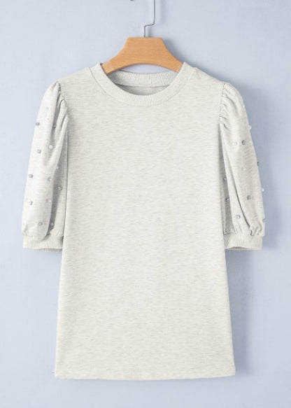 Light Grey Rhinestone Pearl Puff Half Sleeve Top
