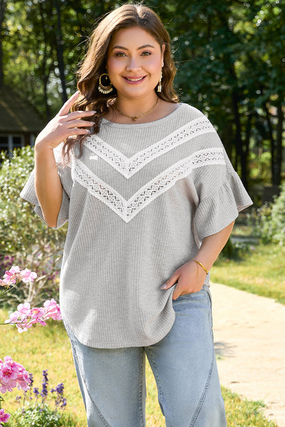 Plus Size Light Grey Lace Insert Waffle Ruffle Short Sleeve