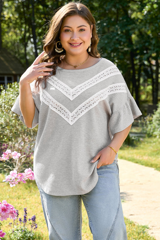 Plus Size Light Grey Lace Insert Waffle Ruffle Short Sleeve