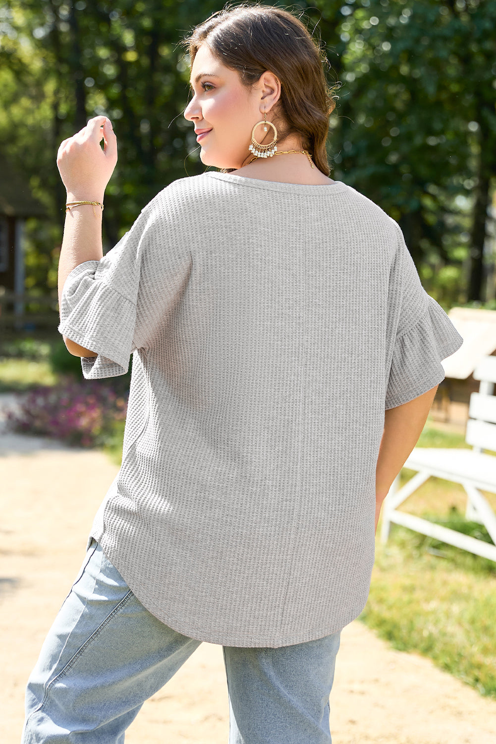 Plus Size Light Grey Lace Insert Waffle Ruffle Short Sleeve