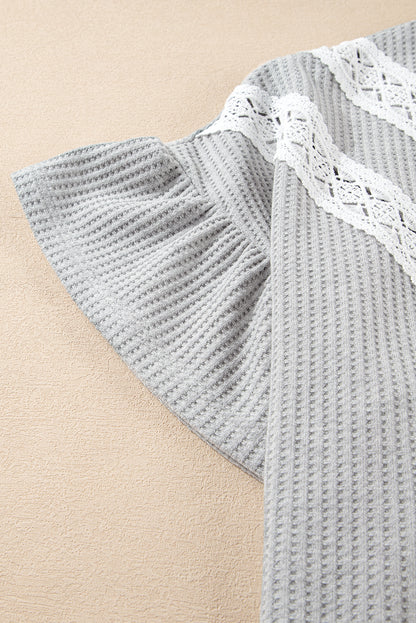 Plus Size Light Grey Lace Insert Waffle Ruffle Short Sleeve