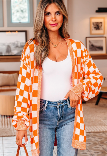 Orange Checkered Open Front Drop Shoulder Cardigan
