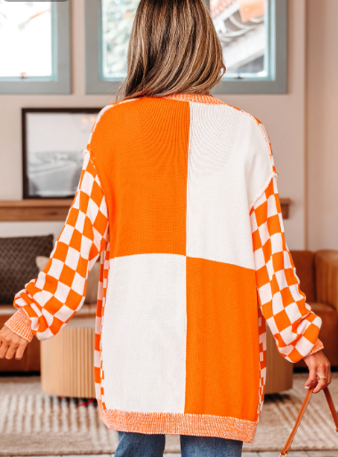 Orange Checkered Open Front Drop Shoulder Cardigan