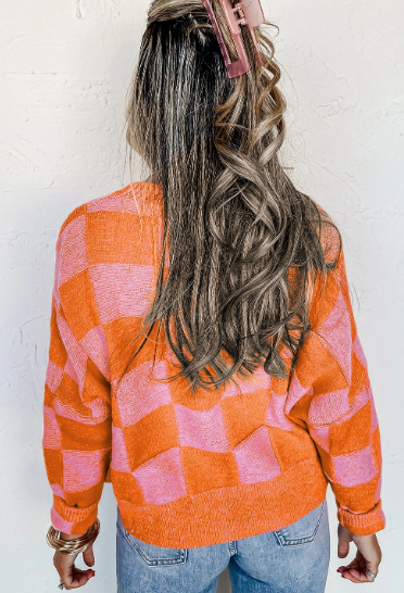Orange Checkered Drop Shoulder Buttoned V Neck Cardigan