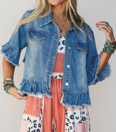 Blue Ruffle Hem Raw Edge Half Sleeve Western Denim Jacket