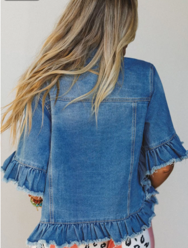 Blue Ruffle Hem Raw Edge Half Sleeve Western Denim Jacket