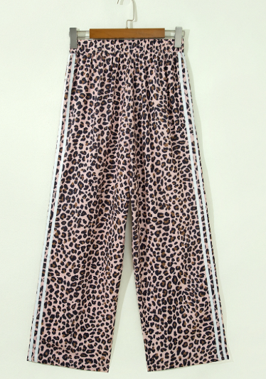 Leopard Print Side Striped Wide Leg Pants