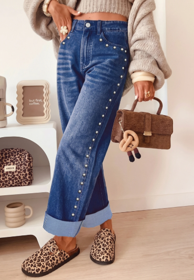 Studded Detail Straight Leg Casual Loose Jeans
