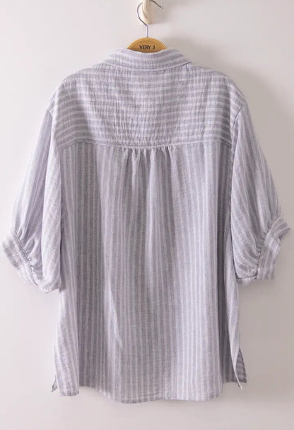 Striped balloon sleeve button shirt