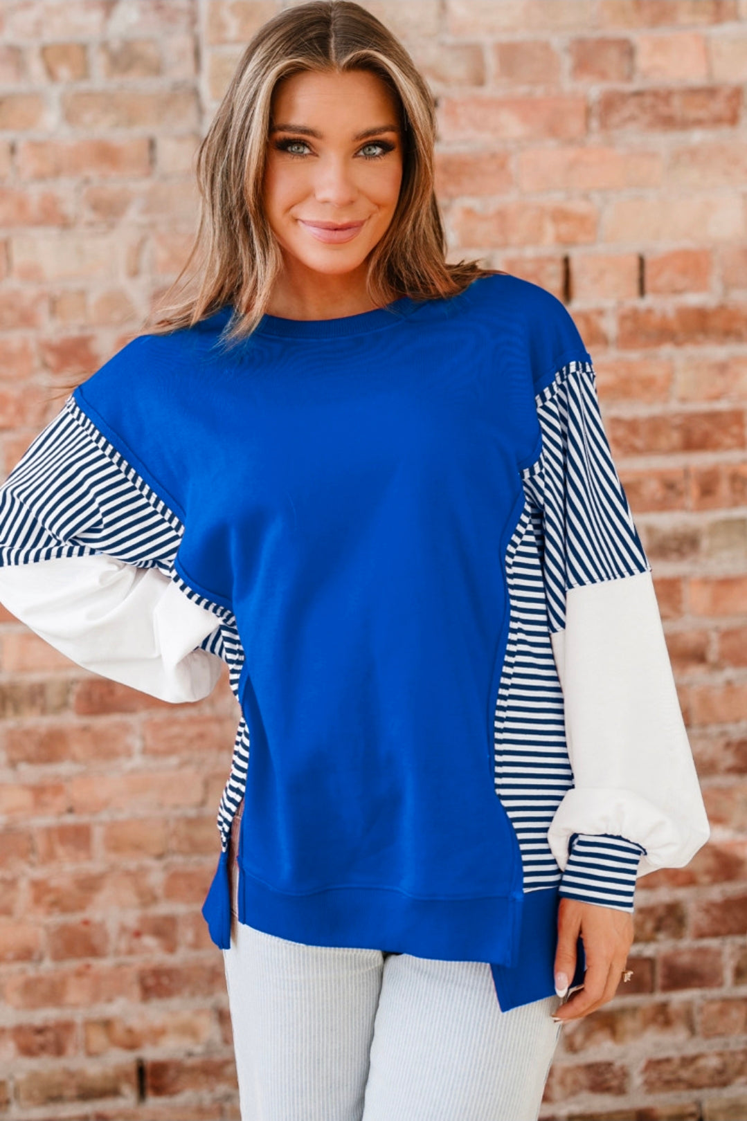 Blue Striped Patchwork Sleeve Sweatshirt with SC Logo