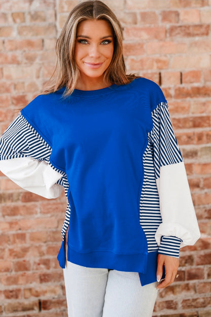 Blue Striped Patchwork Sleeve Sweatshirt with SC Logo