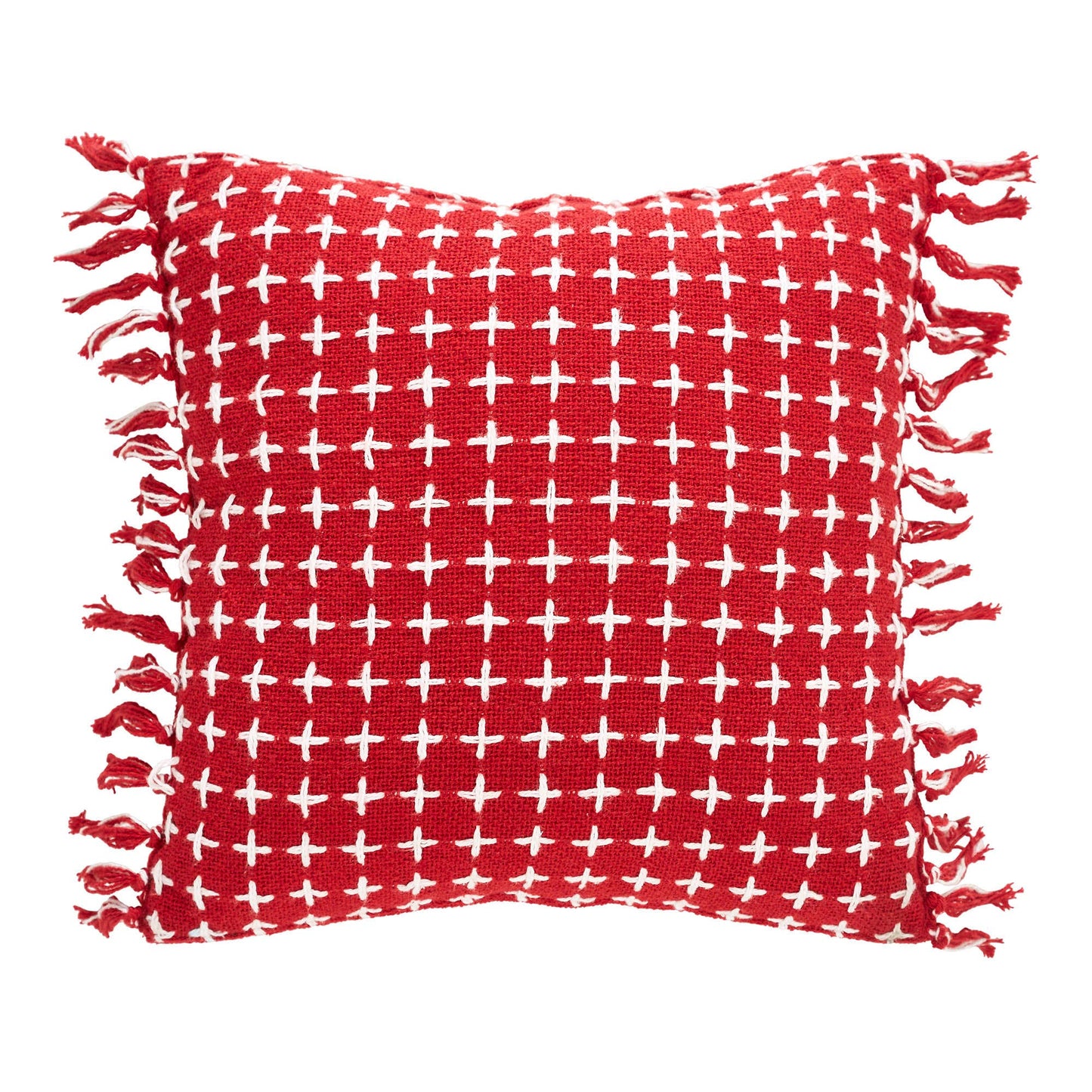 Red Woven Accent Pillow with Fringe 12x12