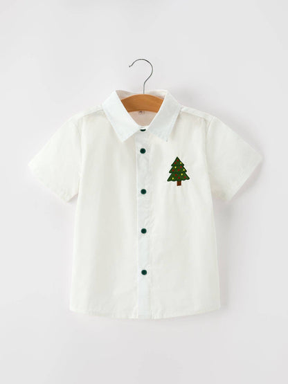 Boys Christmas Tree Embroidered White Short Sleeve Button Down Shirt
