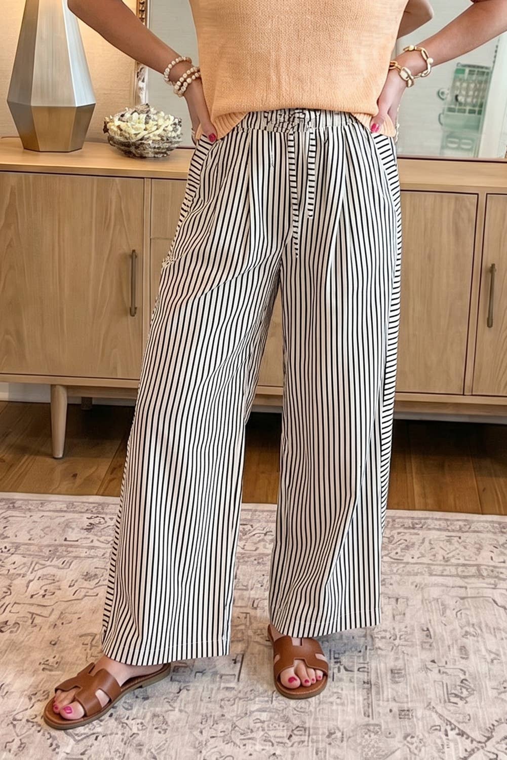 Stripe Wide Leg Casual Pants (S-4X)