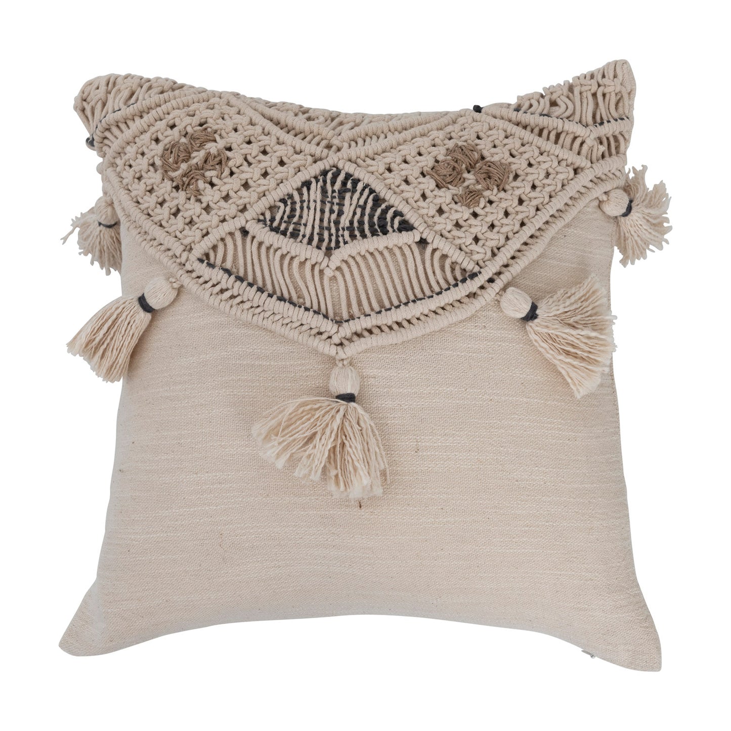 16" H&-Woven Cotton & Jute Macrame Pillow with Tassels