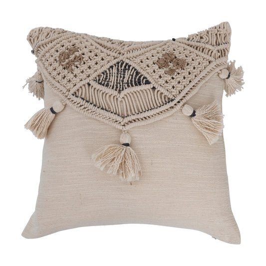 16" H&-Woven Cotton & Jute Macrame Pillow with Tassels
