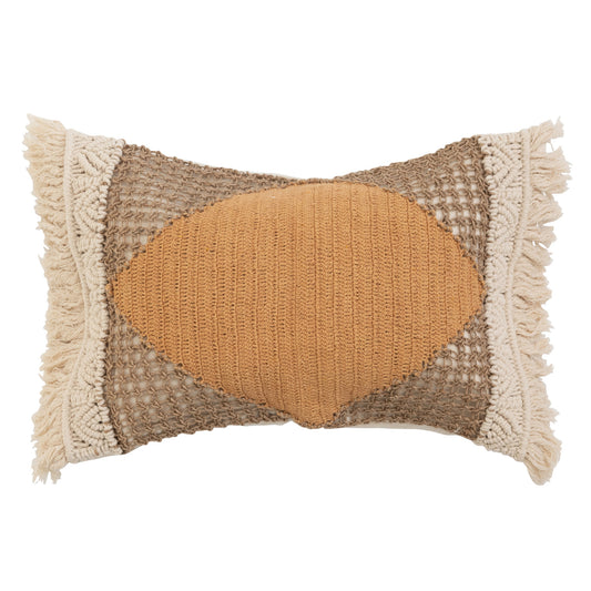 20" x 12" H&-Woven Cotton & Jute Lumbar Pillow w/ Macrame, Crochet & Fringe