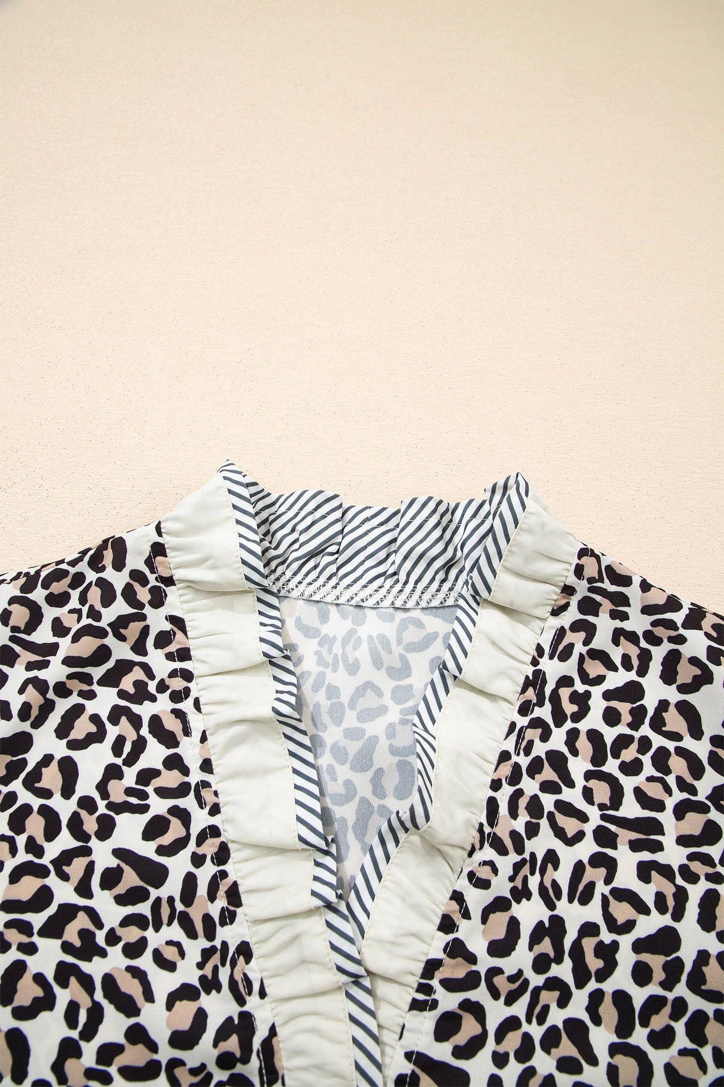 Plus Size Leopard Print Ruffled Trim V Neck Blouse
