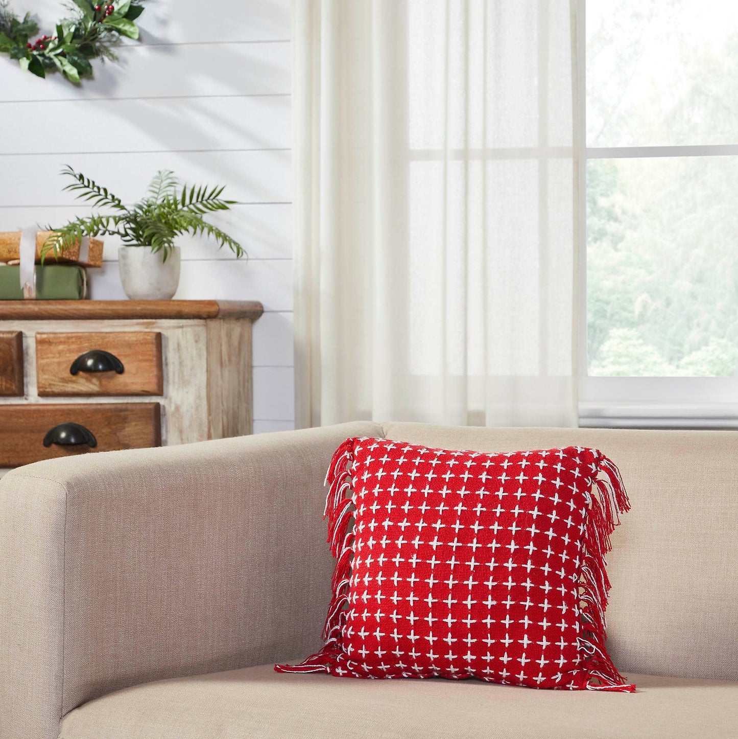Red Woven Accent Pillow with Fringe 12x12