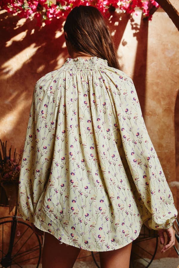 Smoked Stand Collar Floral Print Blouse