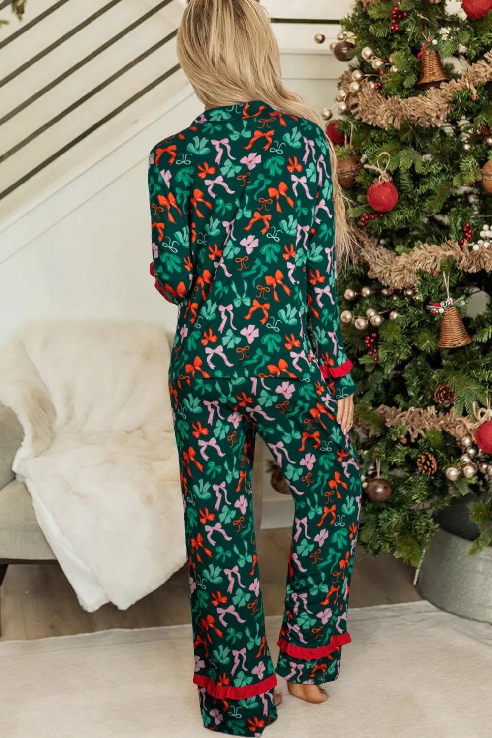 Green Festive Bow Print 2pcs Lounge Set