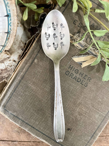 Chickens And Flowers Vintage Stamped Spoon