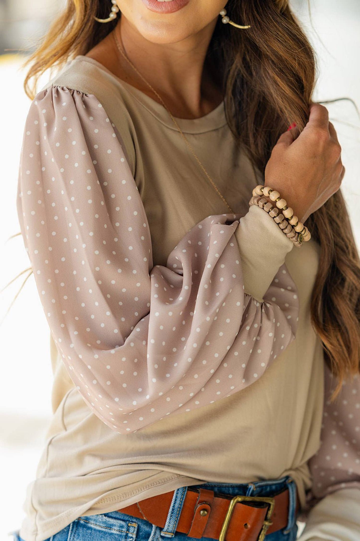 Plus Size Polka Dot Puff Sleeve Round Neck Tee