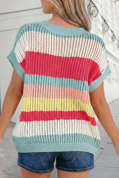 Colorblock Hollow Out Knit Short Sleeve Sweater | S-XL