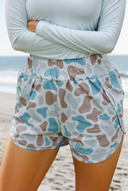 Camo Print Shirred High Waist Shorts