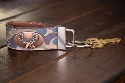 Buck Hunting Old School Camo Leather Loop Keychain.