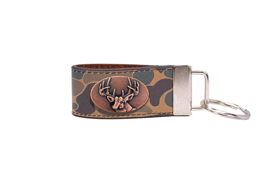 Buck Hunting Old School Camo Leather Loop Keychain.