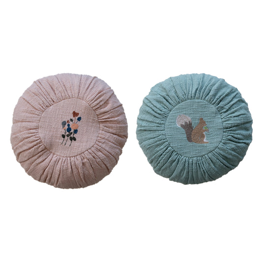 14" Slub Pillow with Embroidery, 2 Colors, 2 Styles
