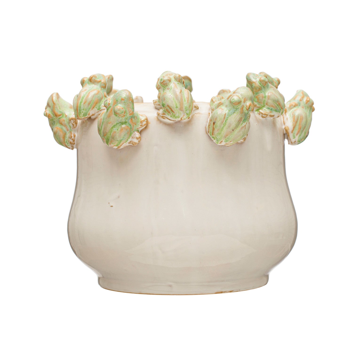 Stoneware Planter w/ Frogs on Rim, Reactive Glaze, White & Green (Each One Will Vary)