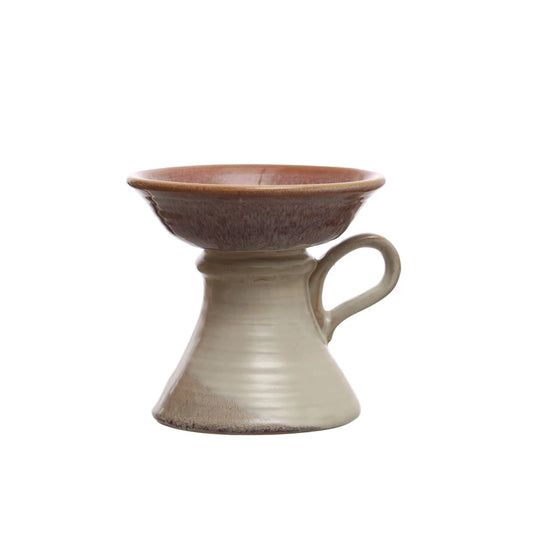 Stoneware Pillar Holder w/ Handle (Holds 5" Pillar) (Each One Will Vary)