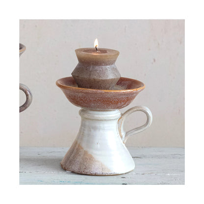 Stoneware Pillar Holder w/ Handle (Holds 5" Pillar) (Each One Will Vary)