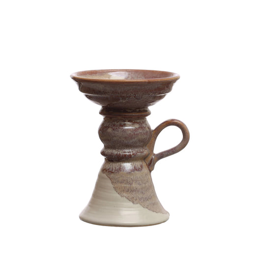 Stoneware Pillar Holder w/ Handle (Holds 5" Pillar) (Each One Will Vary)
