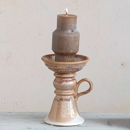Stoneware Pillar Holder w/ Handle (Holds 5" Pillar) (Each One Will Vary)