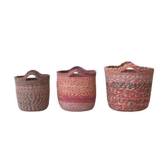 Hand-Woven Seagrass & Recycled Fabric Baskets, Set of 3