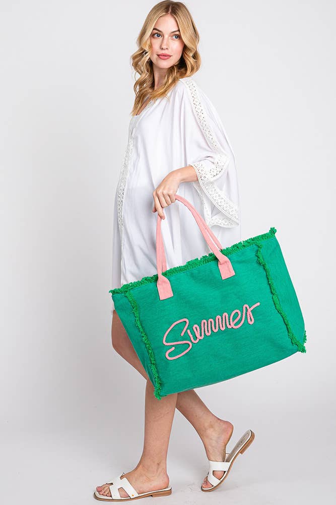 Sewn Rope Summer Letter Fringed Canvas Bag