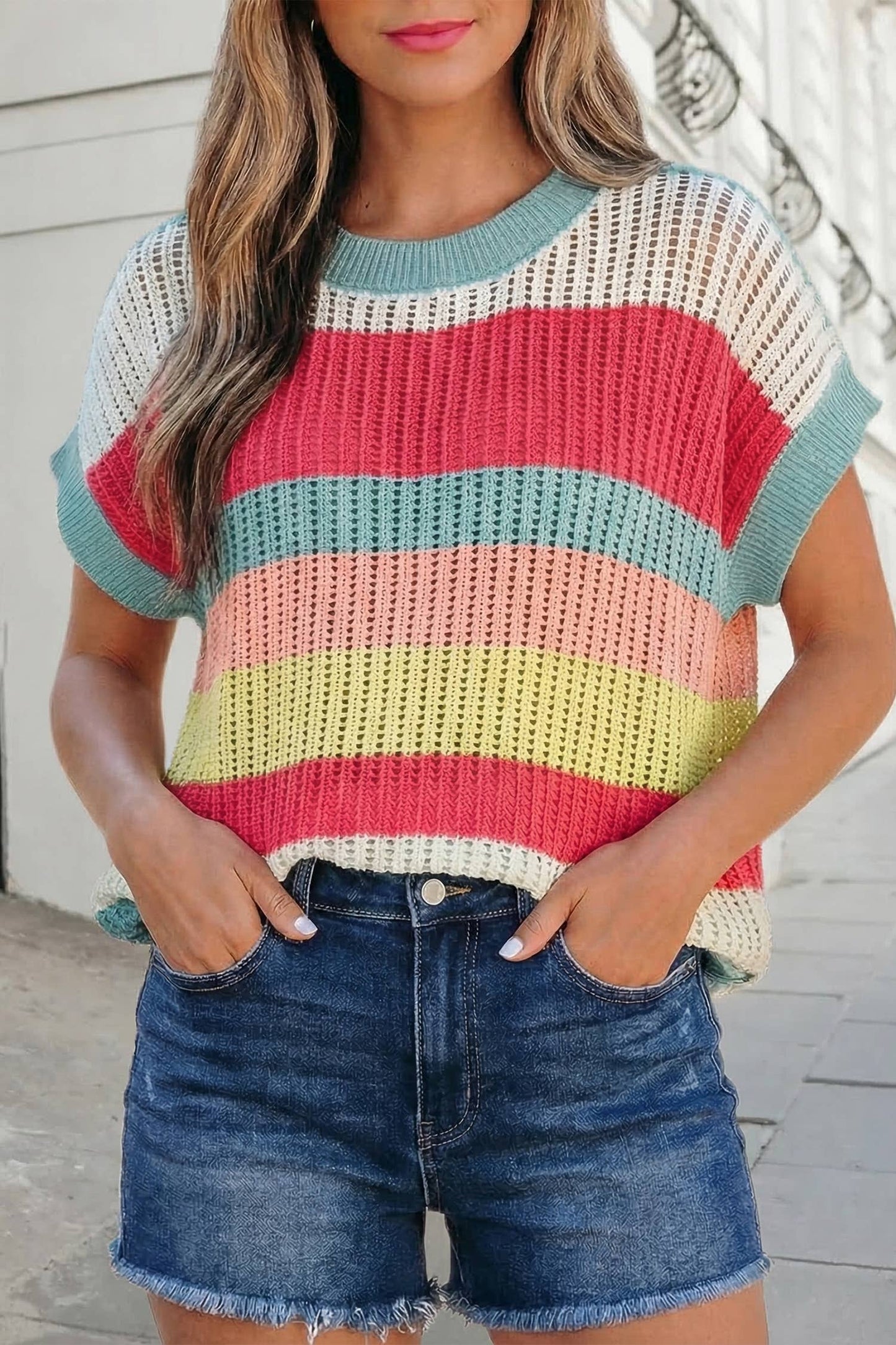 Colorblock Hollow Out Knit Short Sleeve Sweater | S-XL