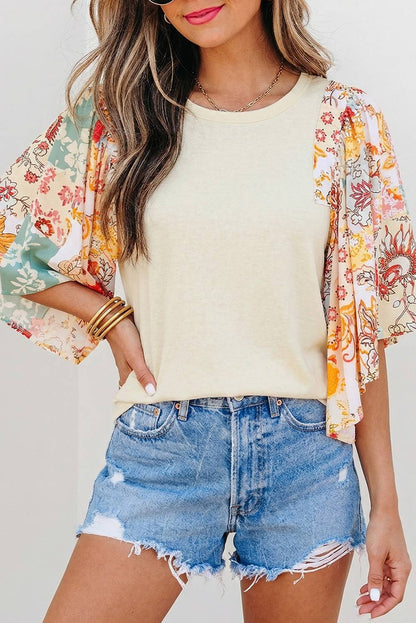 Floral Patchwork Half Batwing Sleeve Blouse