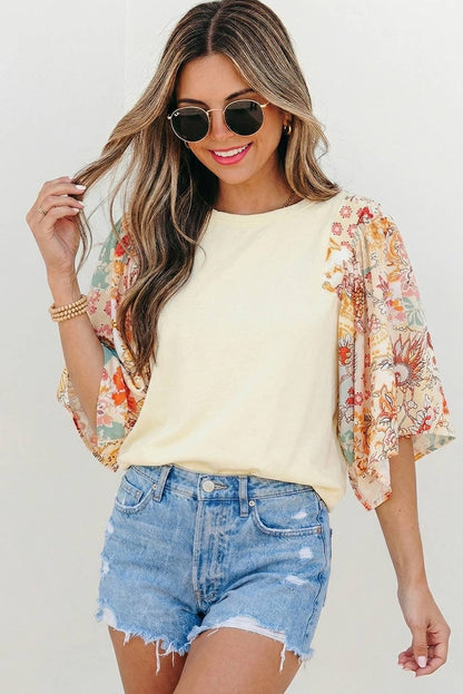 Floral Patchwork Half Batwing Sleeve Blouse