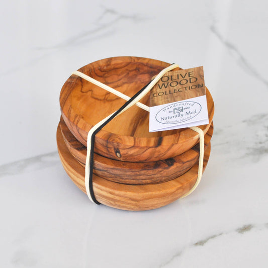 Olive Wood Round Dipping Bowl Gift Set - 3 Pieces