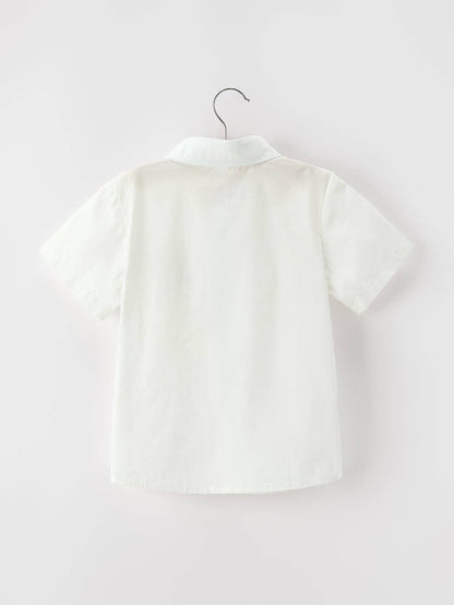 Boys Christmas Tree Embroidered White Short Sleeve Button Down Shirt