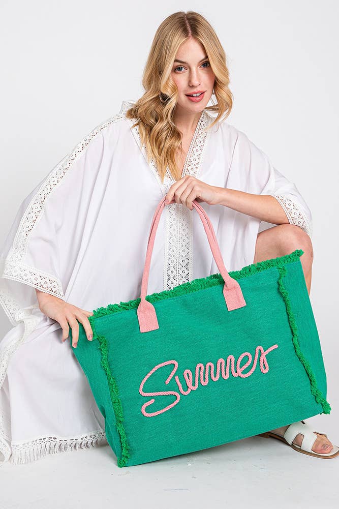 Sewn Rope Summer Letter Fringed Canvas Bag
